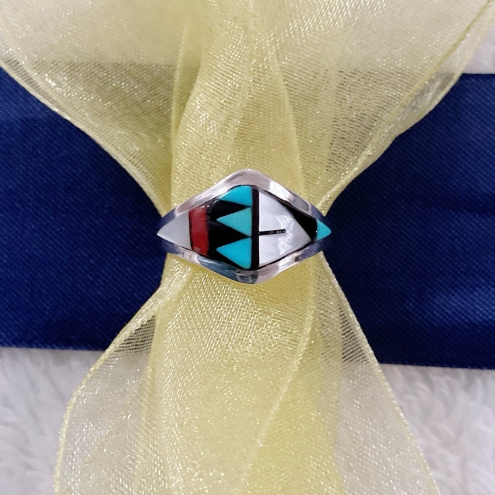 Vintage Zuni Inlay Ring Sterling Silver Turquoise Coral Jet MOP Size 5.5–5.75